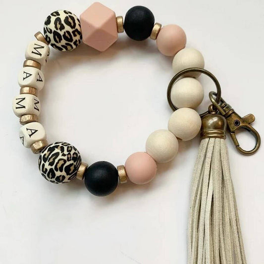 MAMA LETTER LEOPARD BEAD BRACELET WITH TASSELS