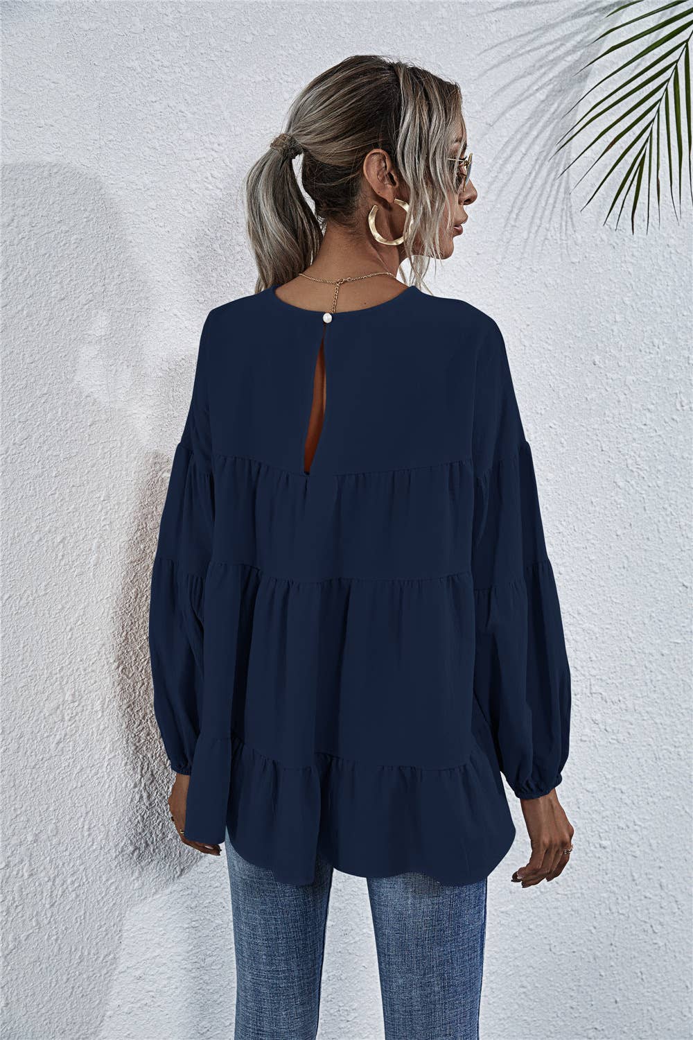 SOLID COLOR ROUND NECK LANTERN SWING LOOSE TOP