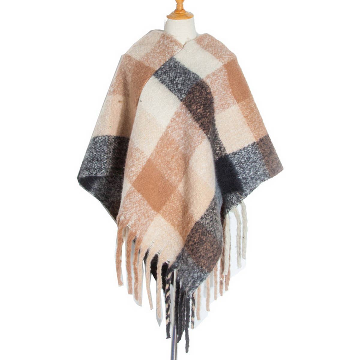 BOUCLE YARN THICK TASSEL COLORFUL PLAID SHAWL_CWASC1208