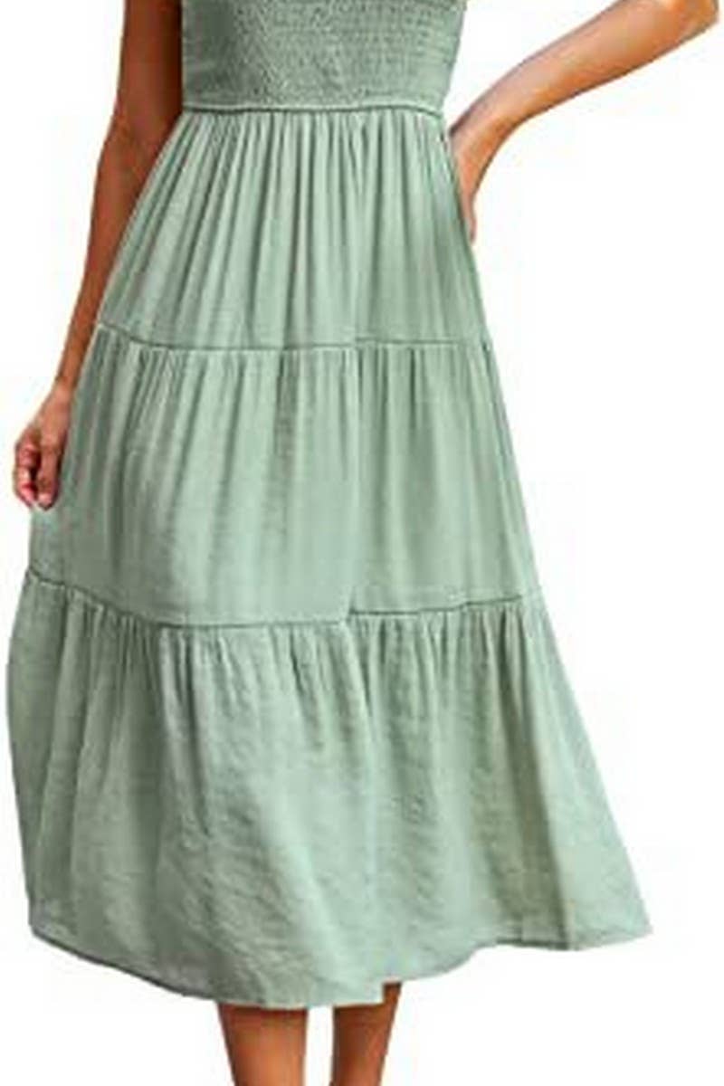 CWDMD2568_FLYING SLEEVE SHIRRED LAYERED SHORT SLEEVE DRESS