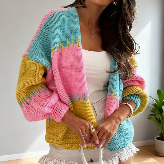 Lantern sleeves color-blocking knit cardigan
