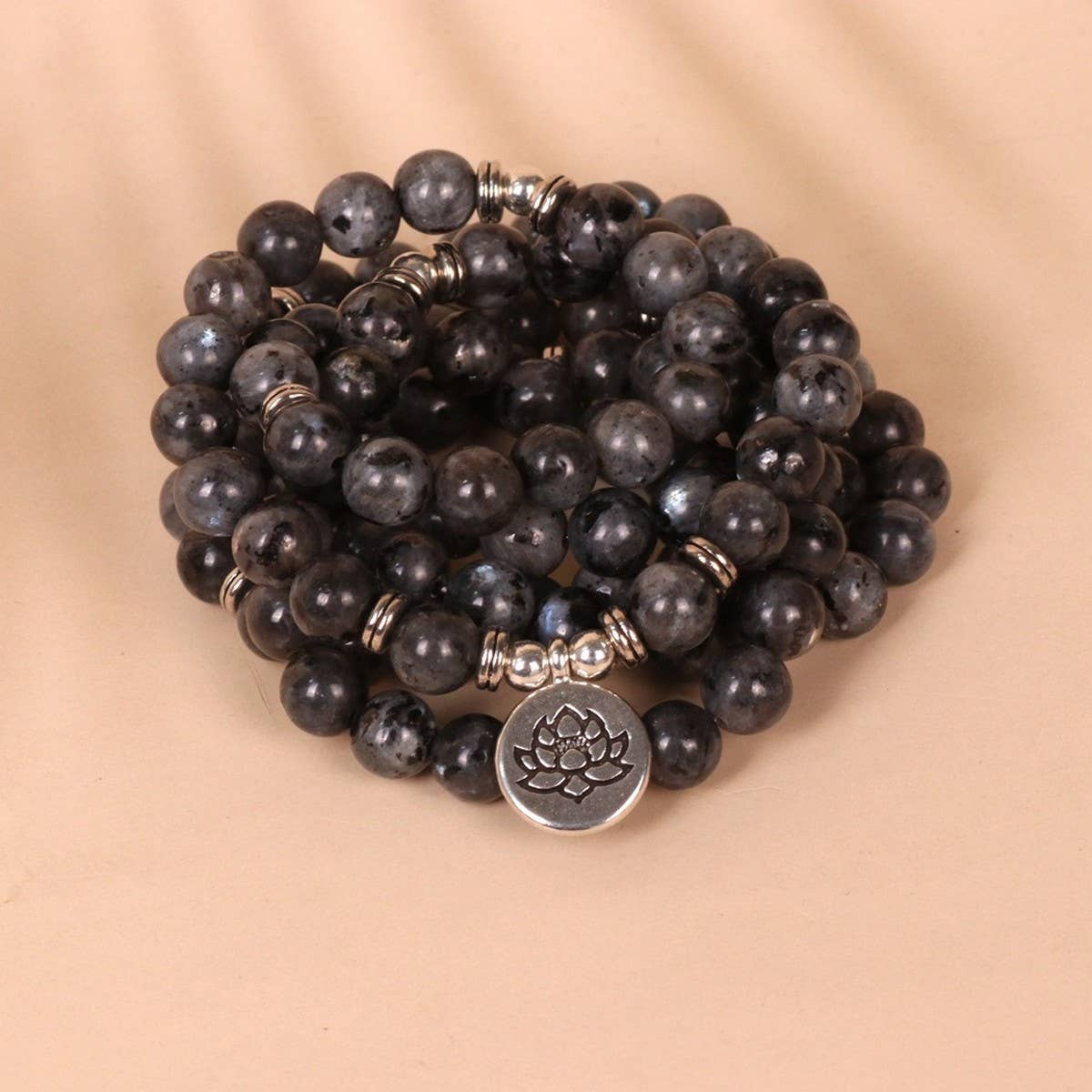 LOTUS PENDANT 108 BLACK GLITTER BEADED BRACELET