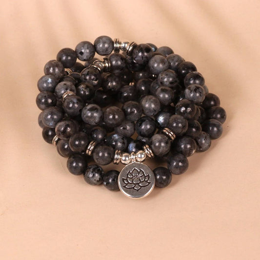 LOTUS PENDANT 108 BLACK GLITTER BEADED BRACELET