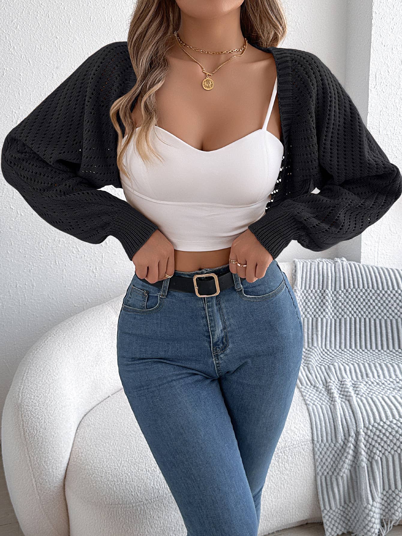 SOLID COLOR HOLLOW LANTERN SLEEVE SHAWL COAT