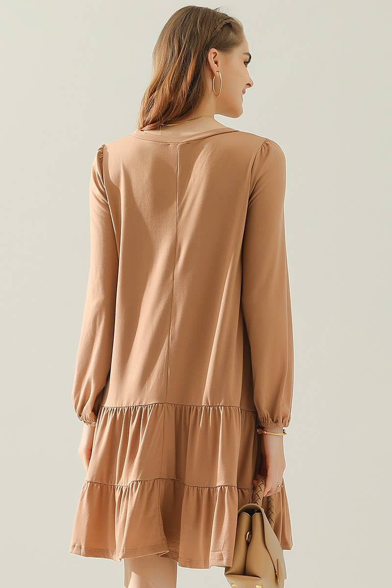 CWDSD10411_SHRRING LAYERED HEM DRESS WITH LONG SLEEVE