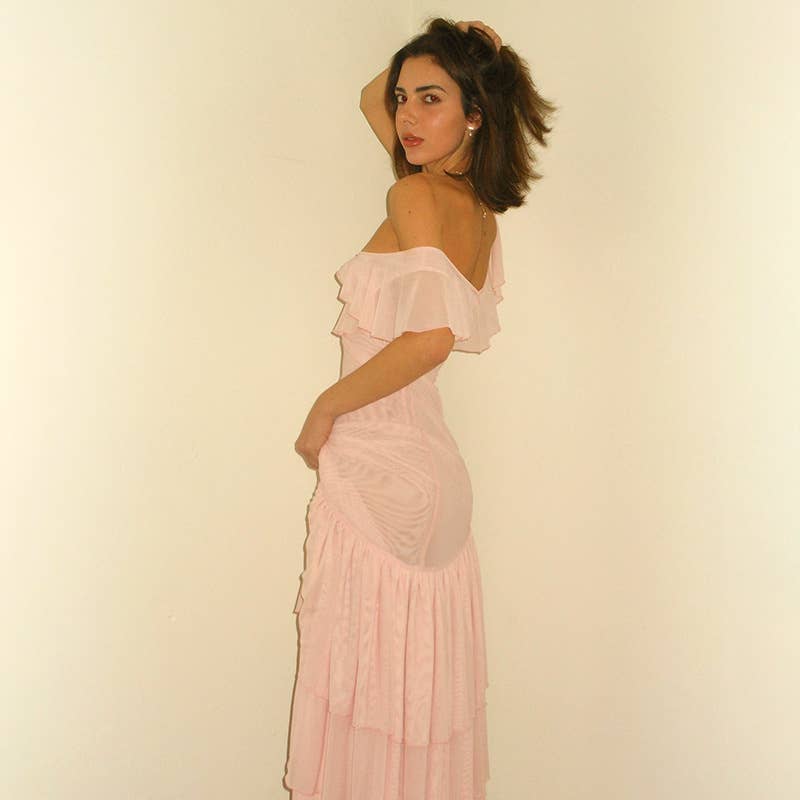 Ruffled V-Neck Mesh Backless Midi Dress