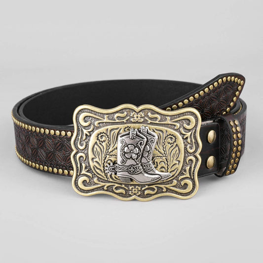 WESTERN LEATHER BELT WITH BULL HEAD BUCKLE RIVET _CWABE0415