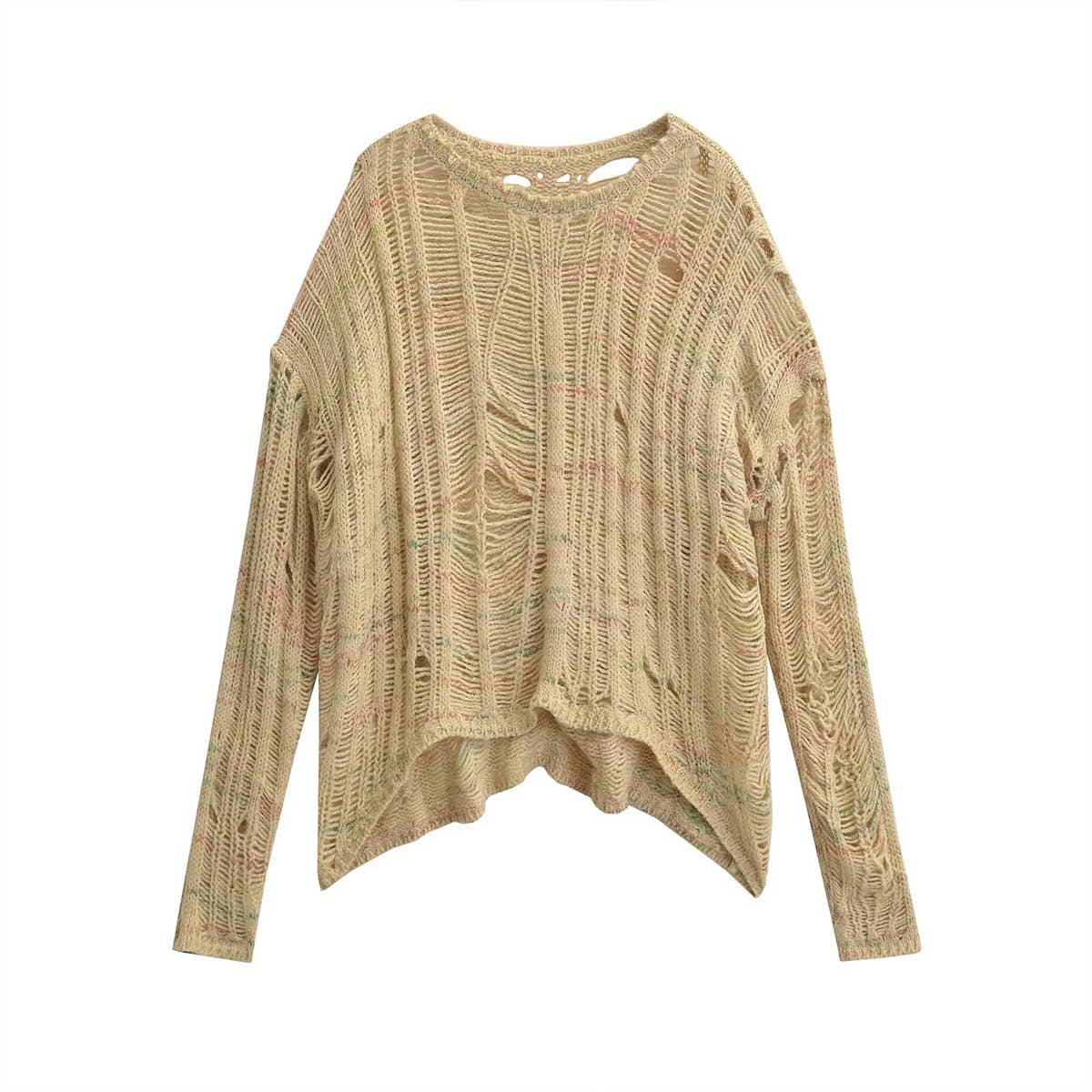 WOMEN'S SLOUCHY CREW-NECK RIPPED SWEATER