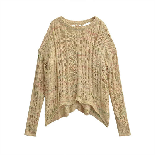 WOMEN'S SLOUCHY CREW-NECK RIPPED SWEATER