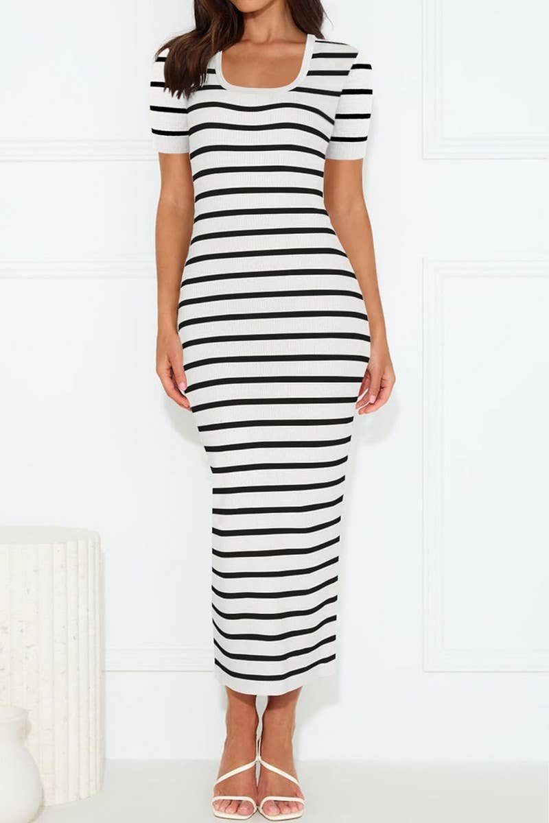 CWDMD4281_STRIPED U-NECK SHORT-SLEEVED KNITTED LONG DRESS