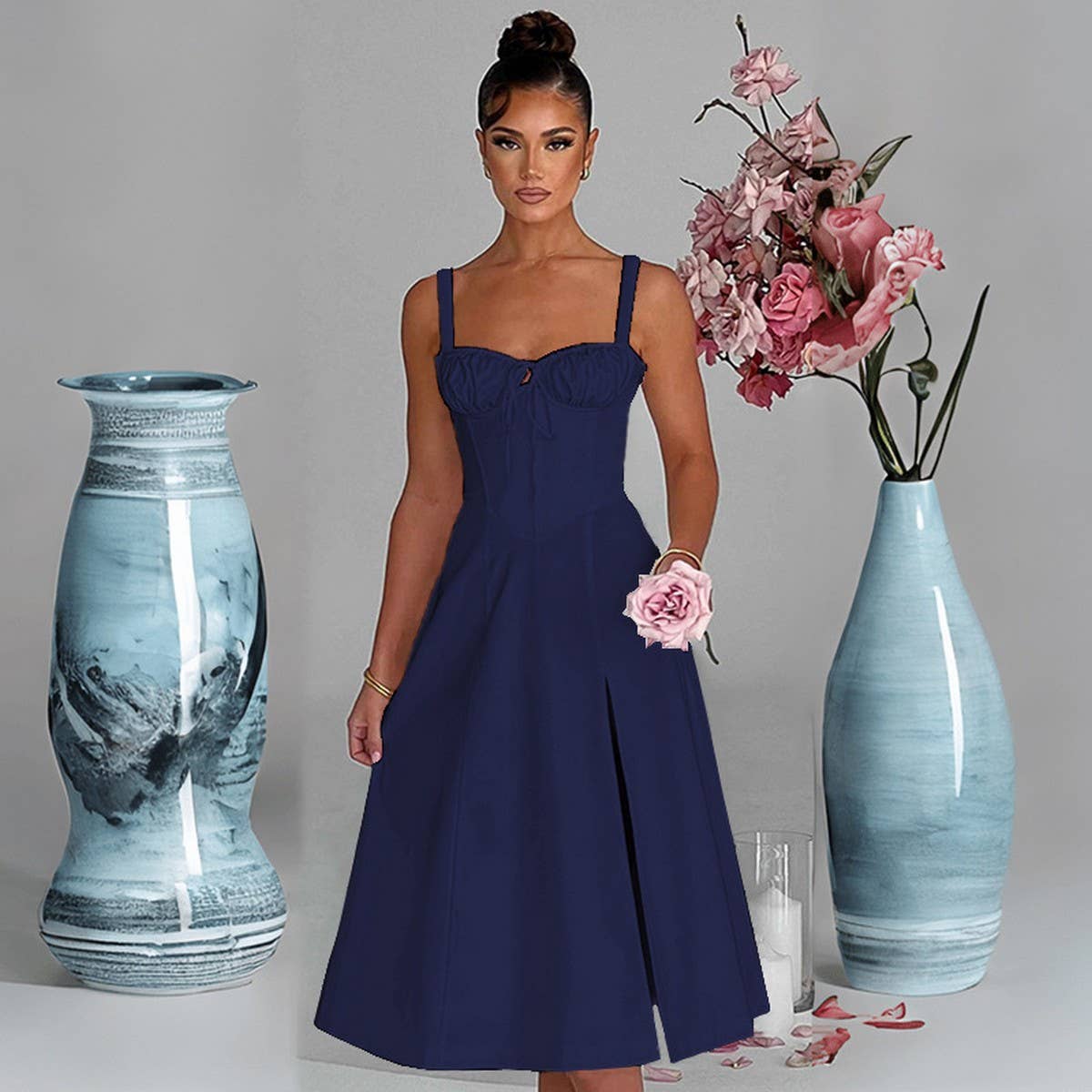 Fashion casual lace-up slim split halter dress