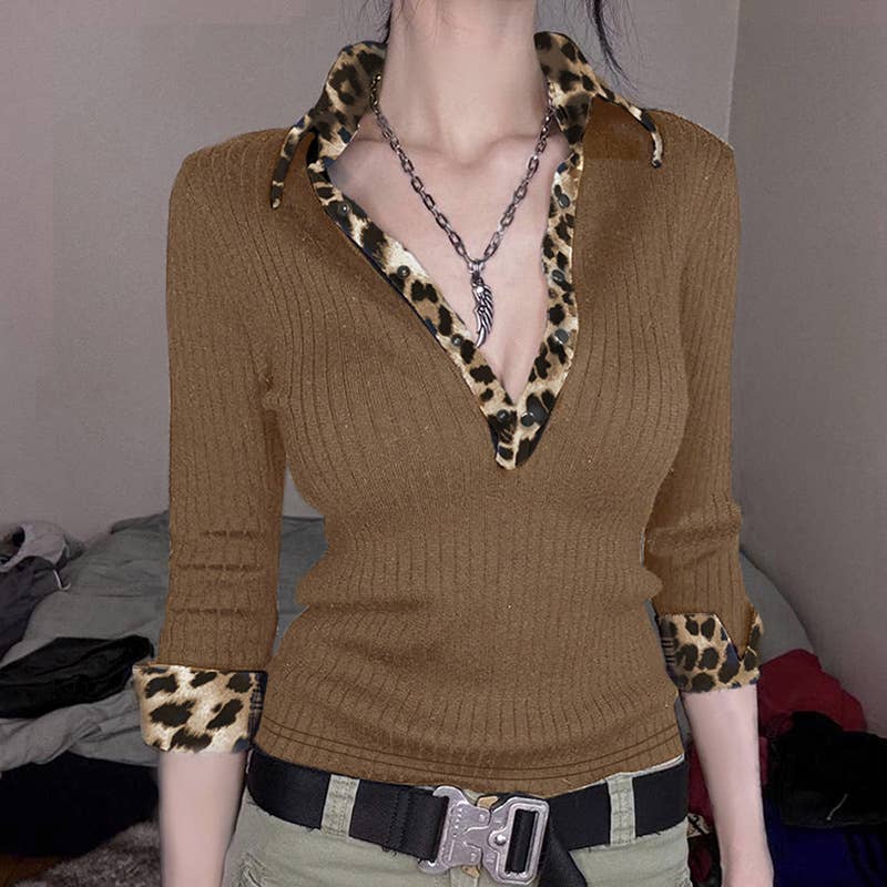 LEOPARD PATCHWORK V-NECK COLOR CONTRAST T-SHIRT