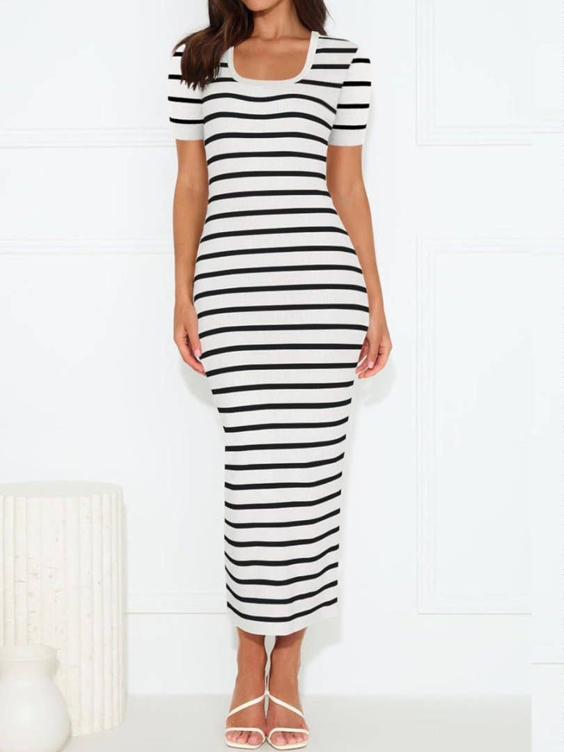 Striped patchwork short-sleeved U-neck dress