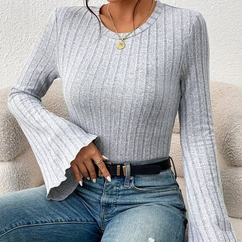 FLARED LONG-SLEEVED CREW NECK PULLOVER T-SHIRT