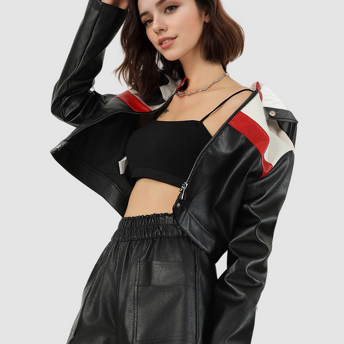 Colorblock Biker Bomber ? Cropped PU Jacket Women
