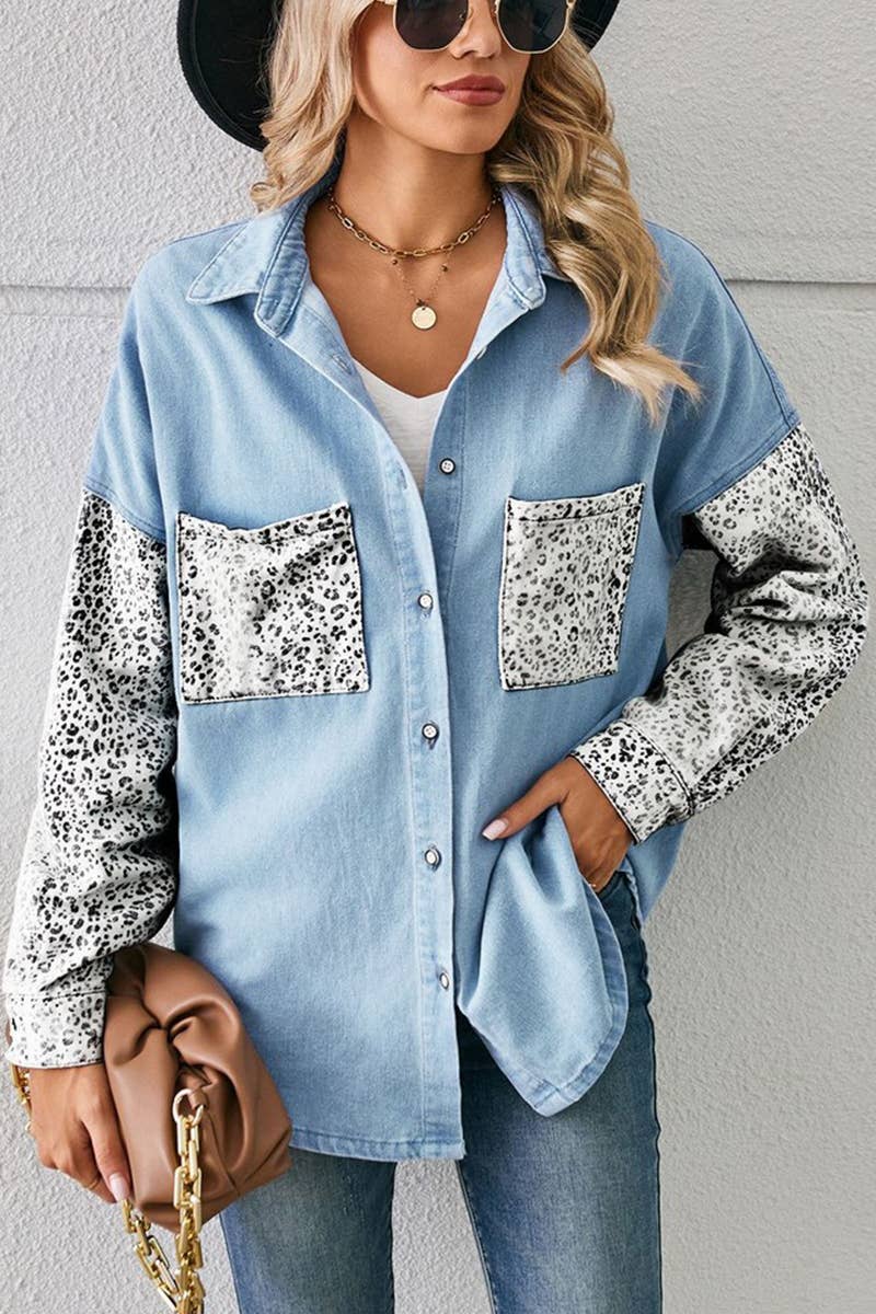 LEOPARD LONG SLEEVE PATCHWORK DENIM SHIRT CARDIGAN_CWJT0020
