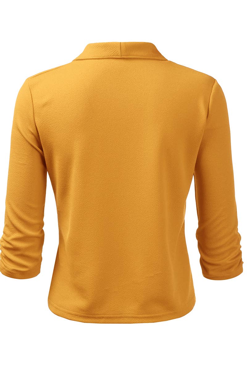 CWOBL091_Casual Work Ruched 3/4 Slv Open Front Blazer Jacket