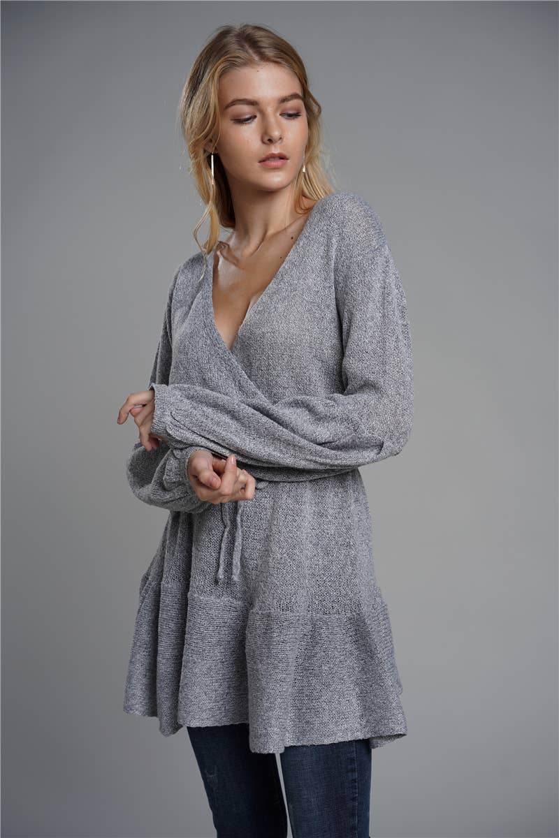 SOLID COLOR TIE V-NECK SWEATER LONG SWEATER