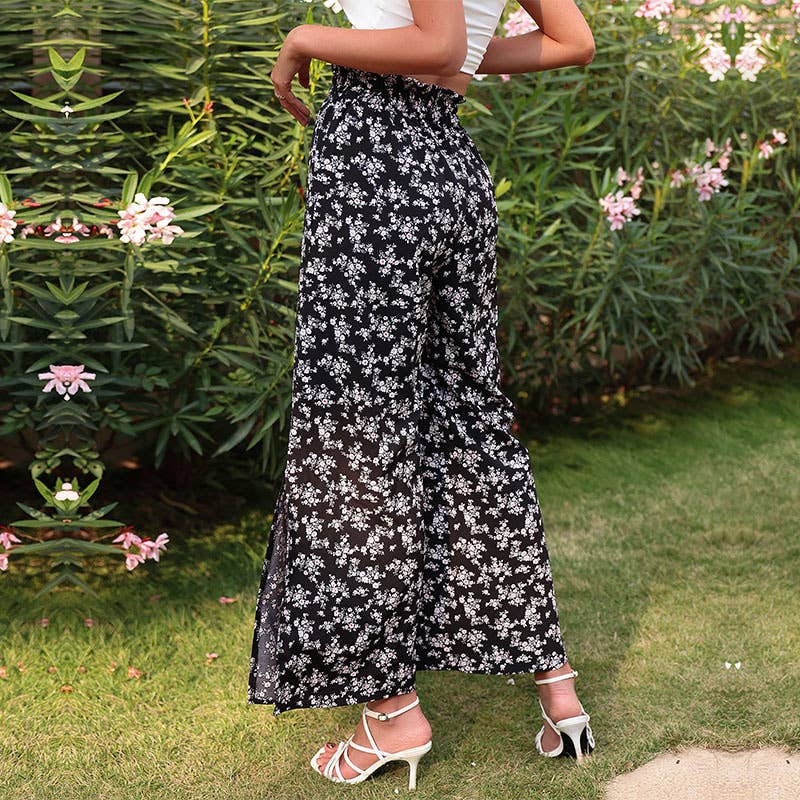 High-waisted, slit black printed bell bottoms