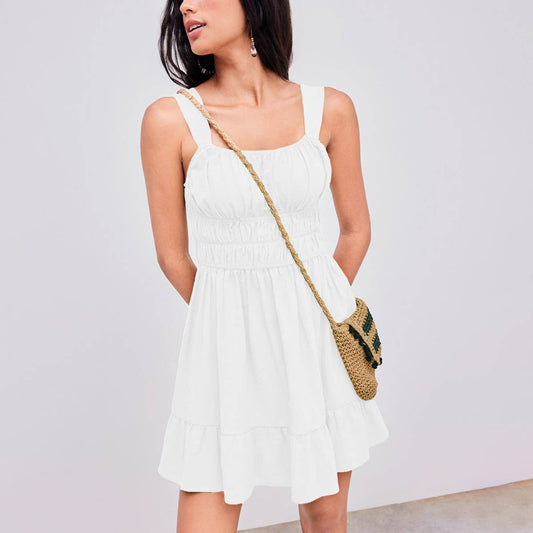 Square collar pleated waist slimming dress