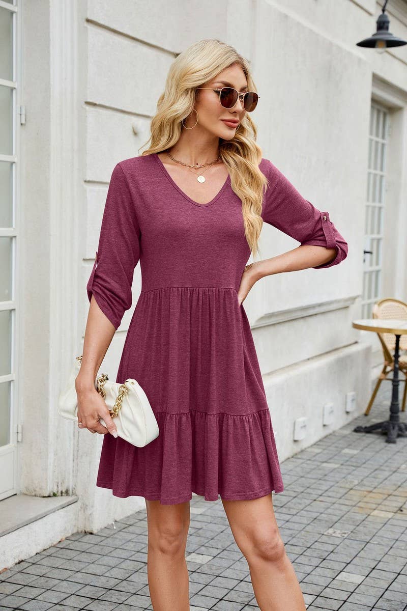 CWDSD7286_MID-LENGTH SLEEVE V-NECK PLEATED RUFFLE DRESS