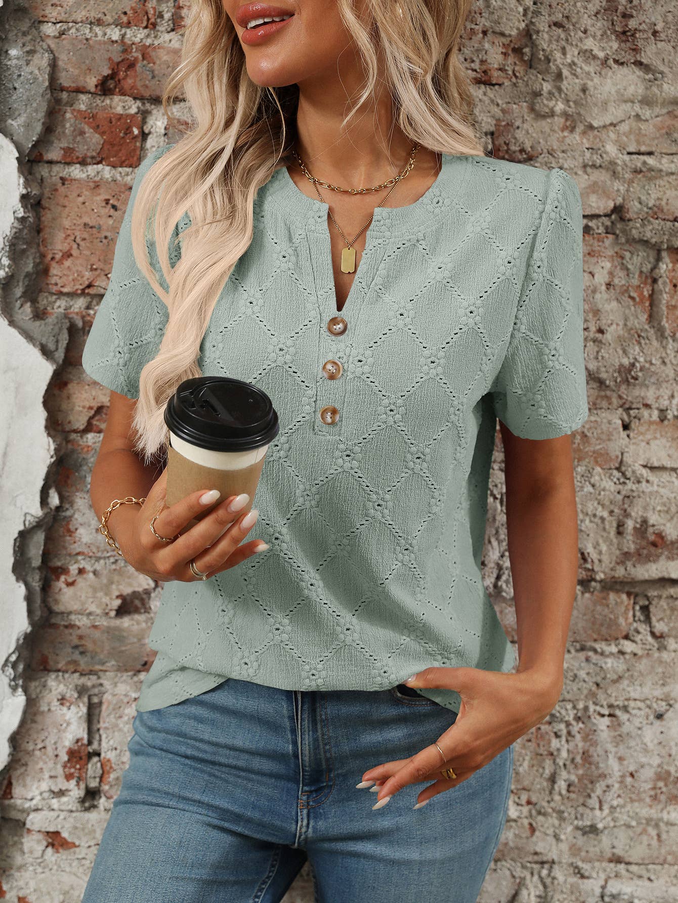 Round-neck short-sleeved floral jacquard T-shirt