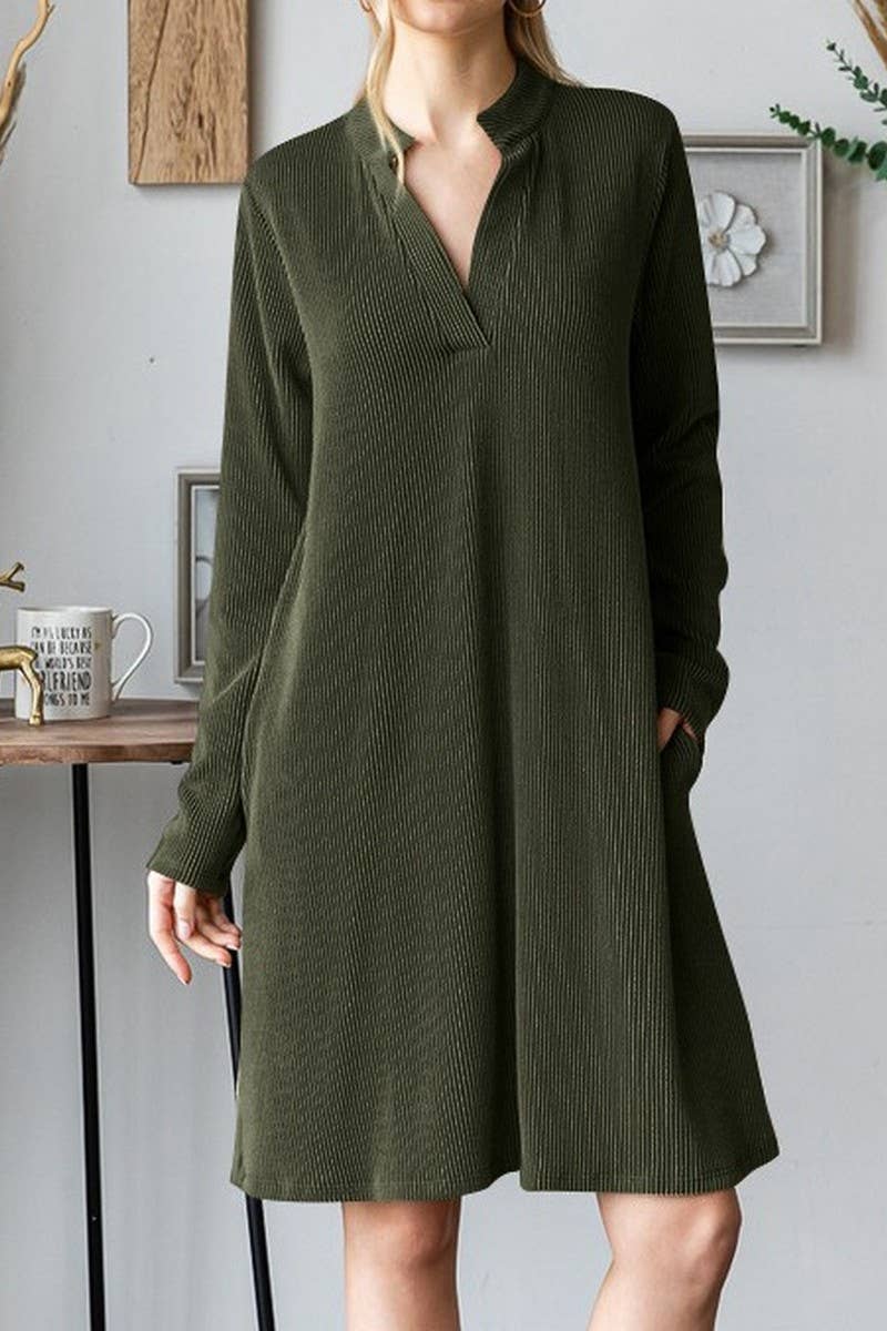 CWDSD6681_SOLID COLOR V-NECK LONG SLEEVE LOOSE DRESS