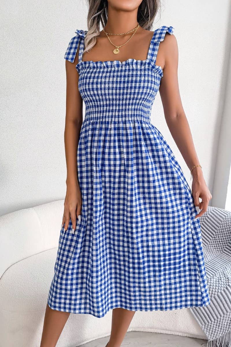 CWDHL0520_SUMMER CASUAL LACE-UP PLAID DRESS MID-LENGTH