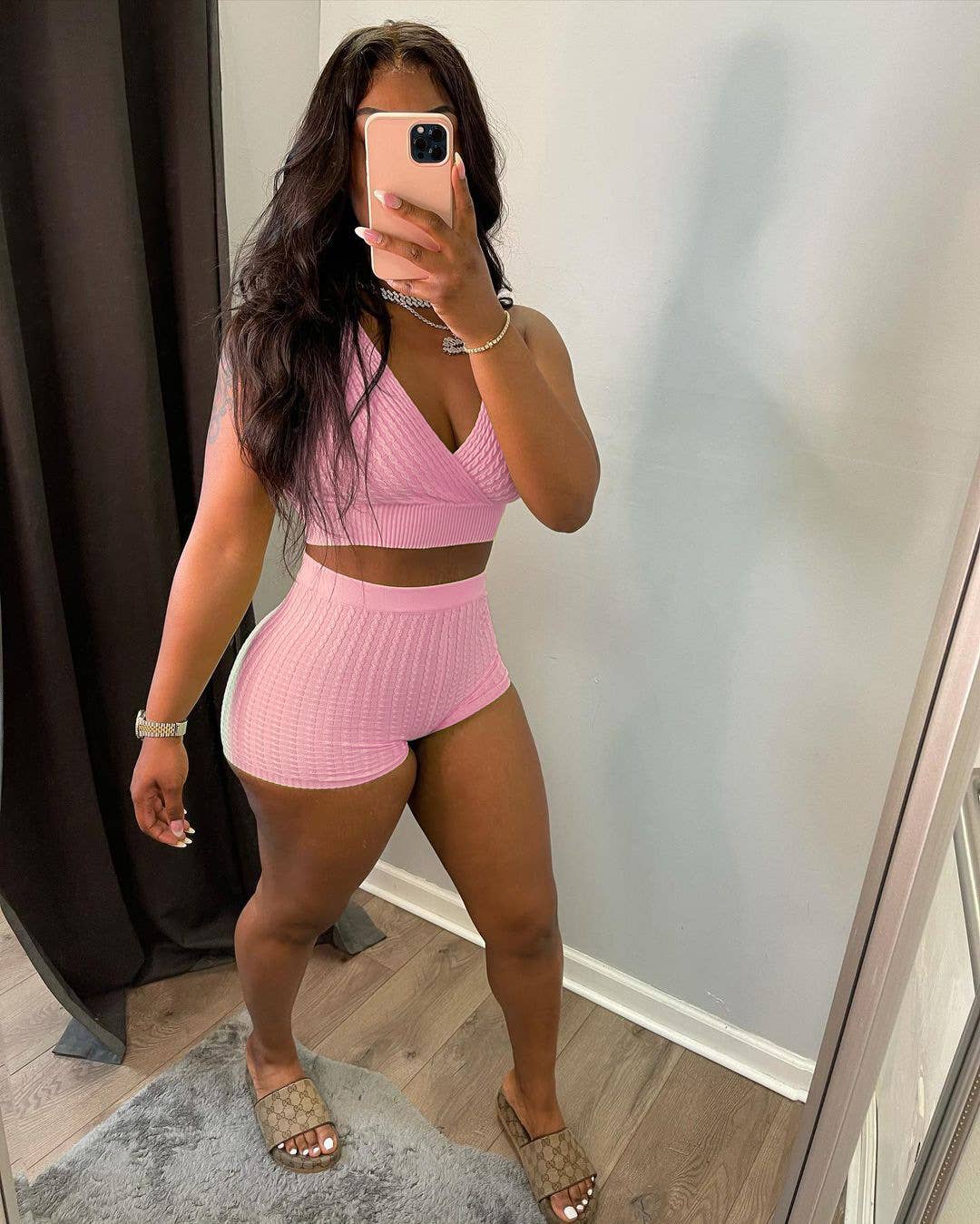Trendy solid ribbed bubble knit tank & shorts set
