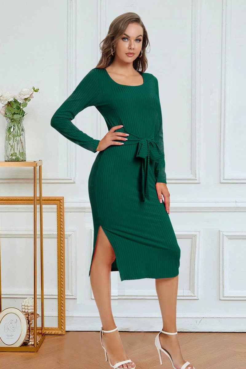 CWDMD4728_SOLID COLOR STRAPPY SLIT MID-LENGTH DRESS