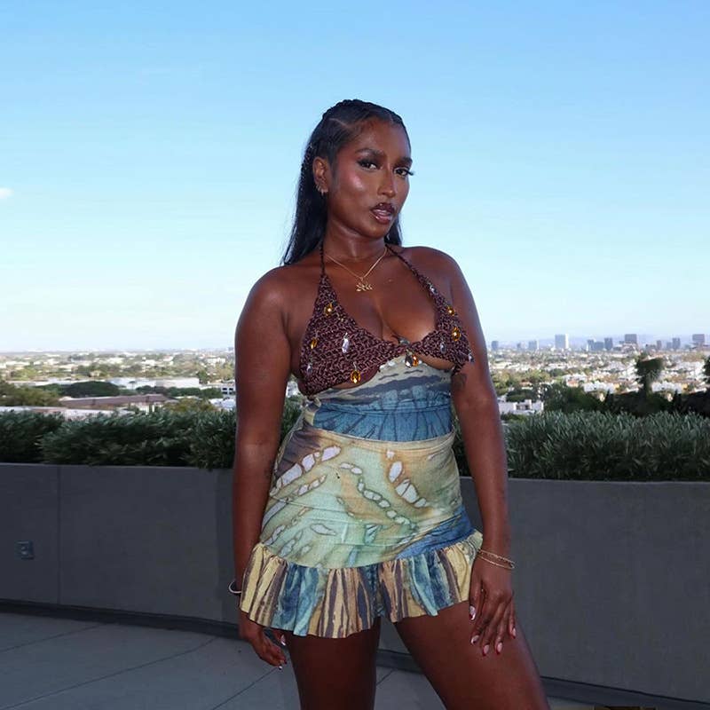 Backless Halter Neck Printed Mini Skirt