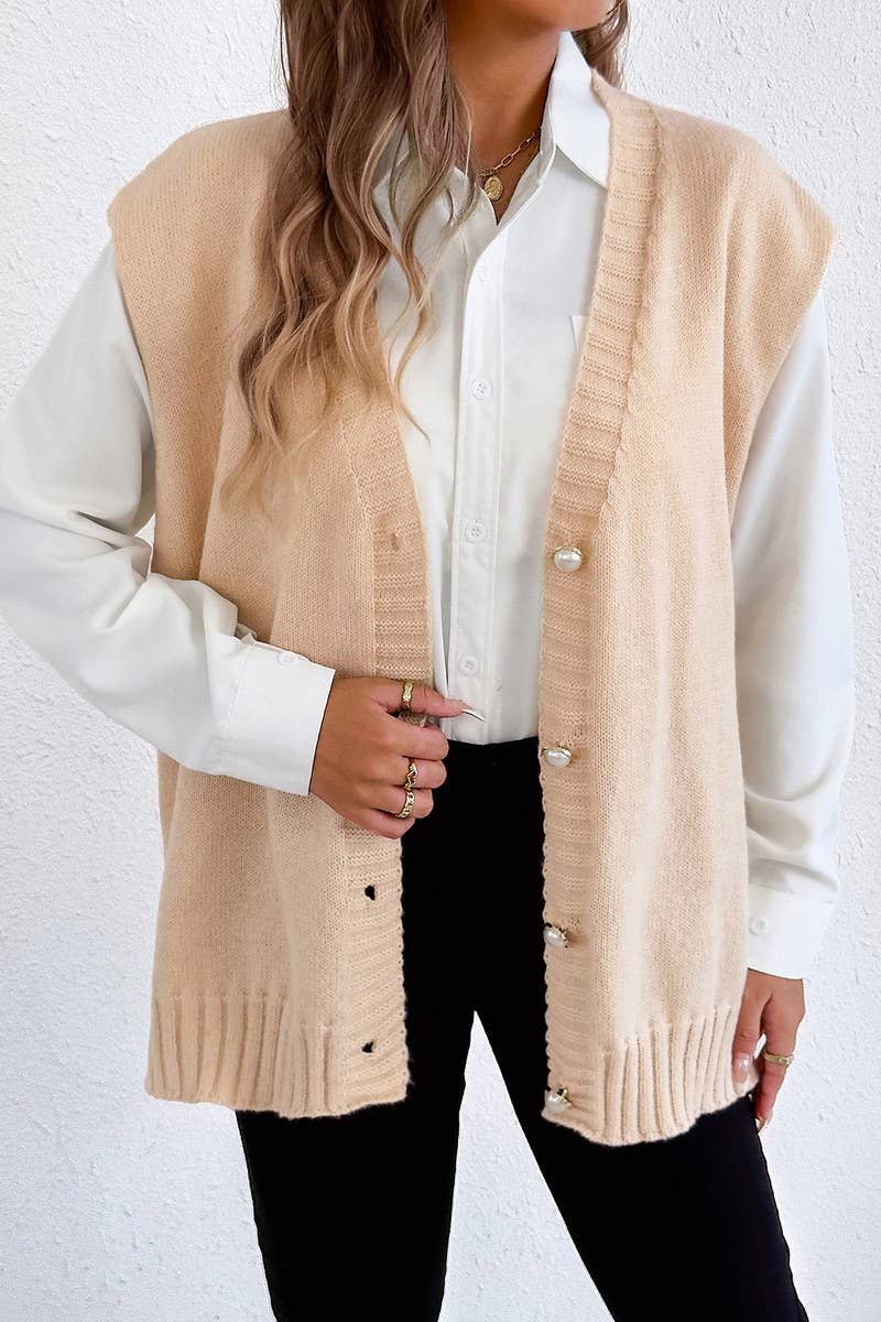 CWOJA00764_WOMEN PEARL BUTTON KNIT VEST CARDIGAN