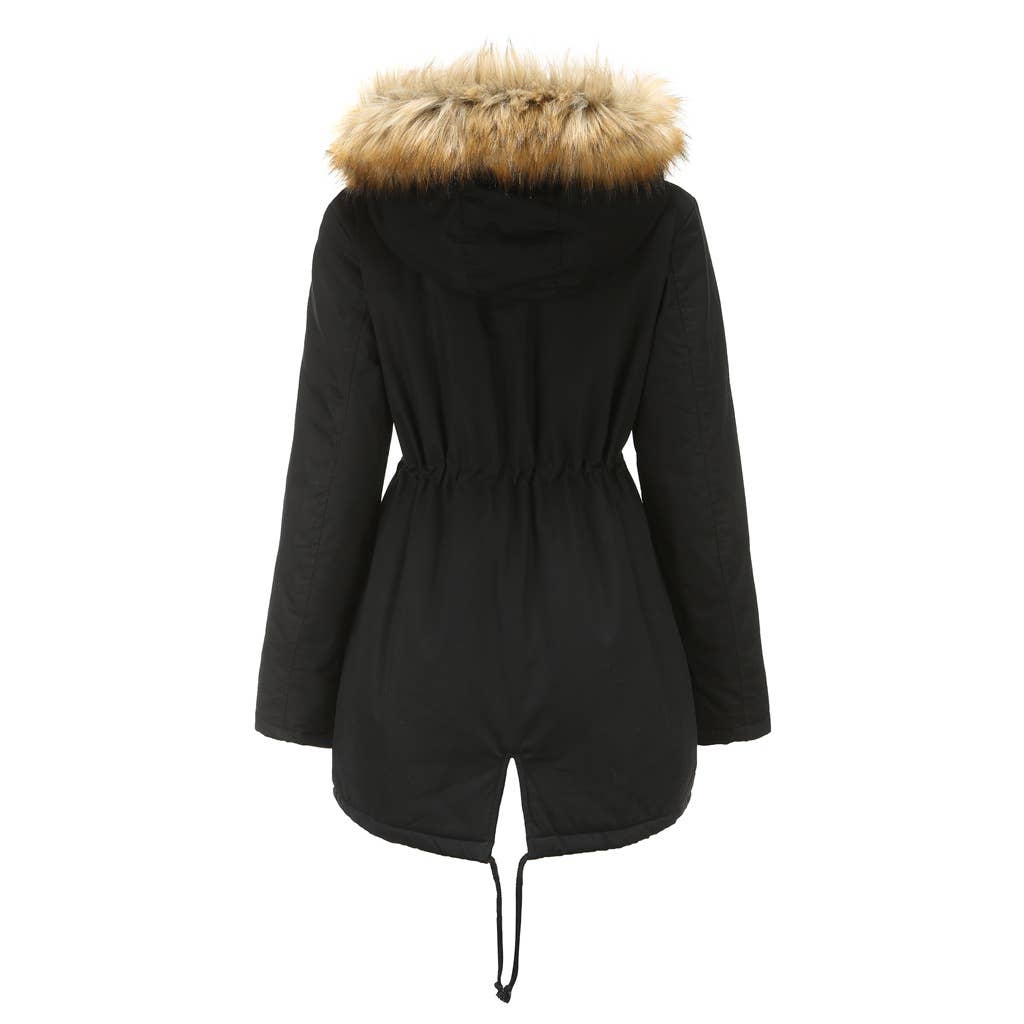 HOODED FUR COLLAR AND FLEECE PADDED JACKET