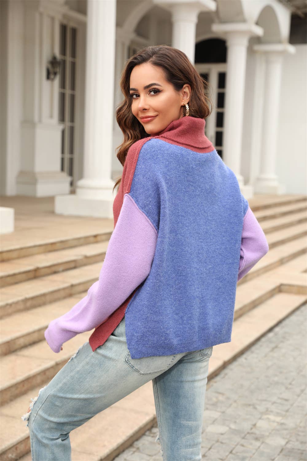 Patchwork Fashion Knit Turtleneck Sweater