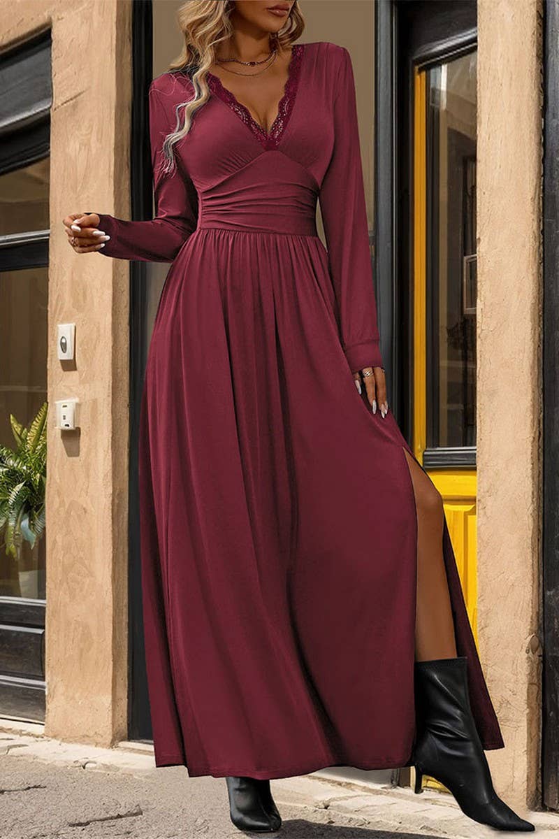 CWDMD3054_SOLID COLOR V-NECK SLIT SLIM LONG SLEEVE DRESS
