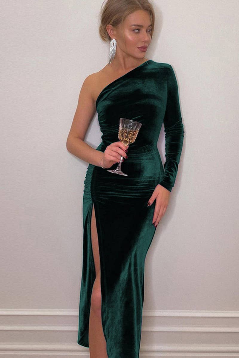 CWDMD4905_VELVET PLEATED SLIT ONE SHOULDER PARTY DRESS