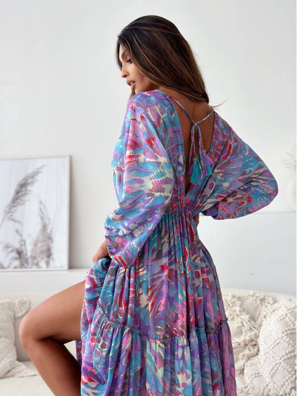 Sexy deep V abstract big floral print split dress