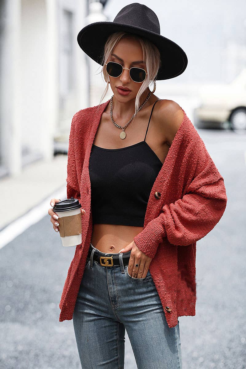 CWOCAL371 Button Down Long Sleeve V-Neck Cardigan Sweater