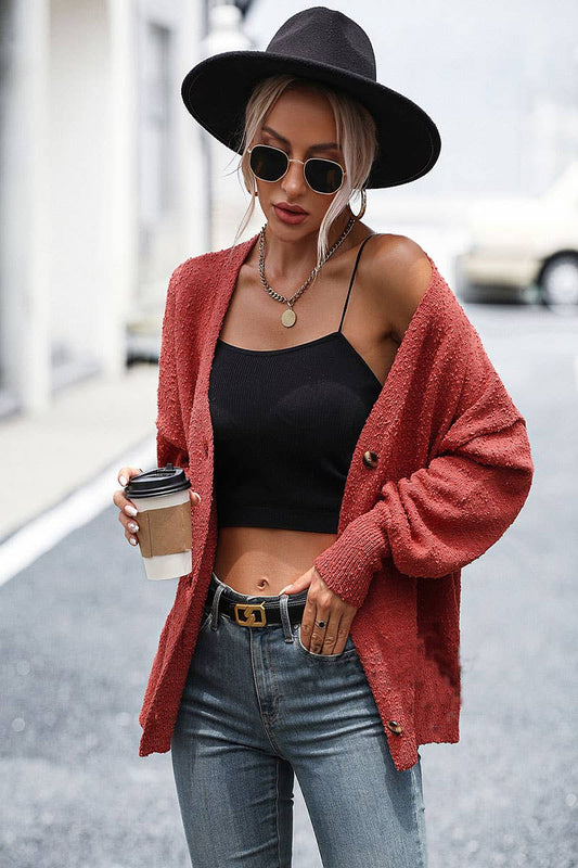 CWOCAL371 Button Down Long Sleeve V-Neck Cardigan Sweater