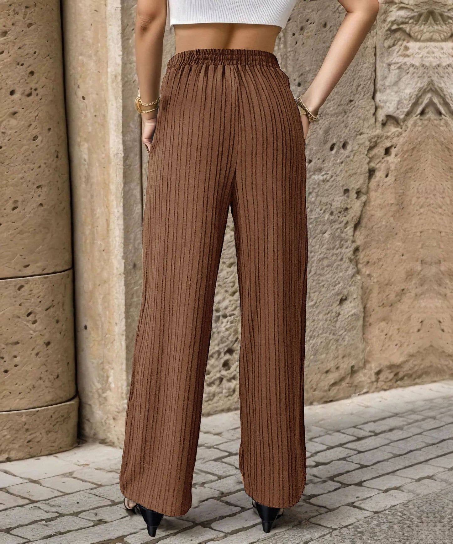 SOLID COLOR PLEATED STRAIGHT LEG CASUAL PANTS
