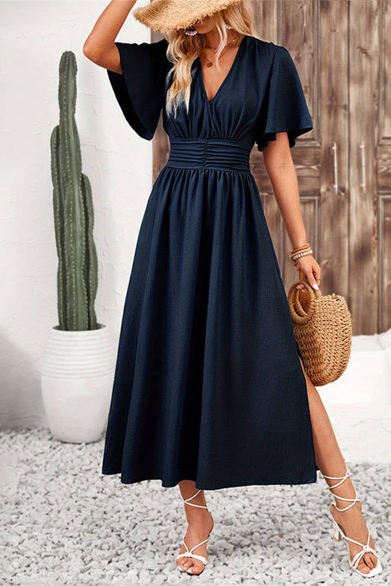 CWDMD4879_LOTUS LEAF SLEEVE SLIT ELASTIC WAIST DRESS