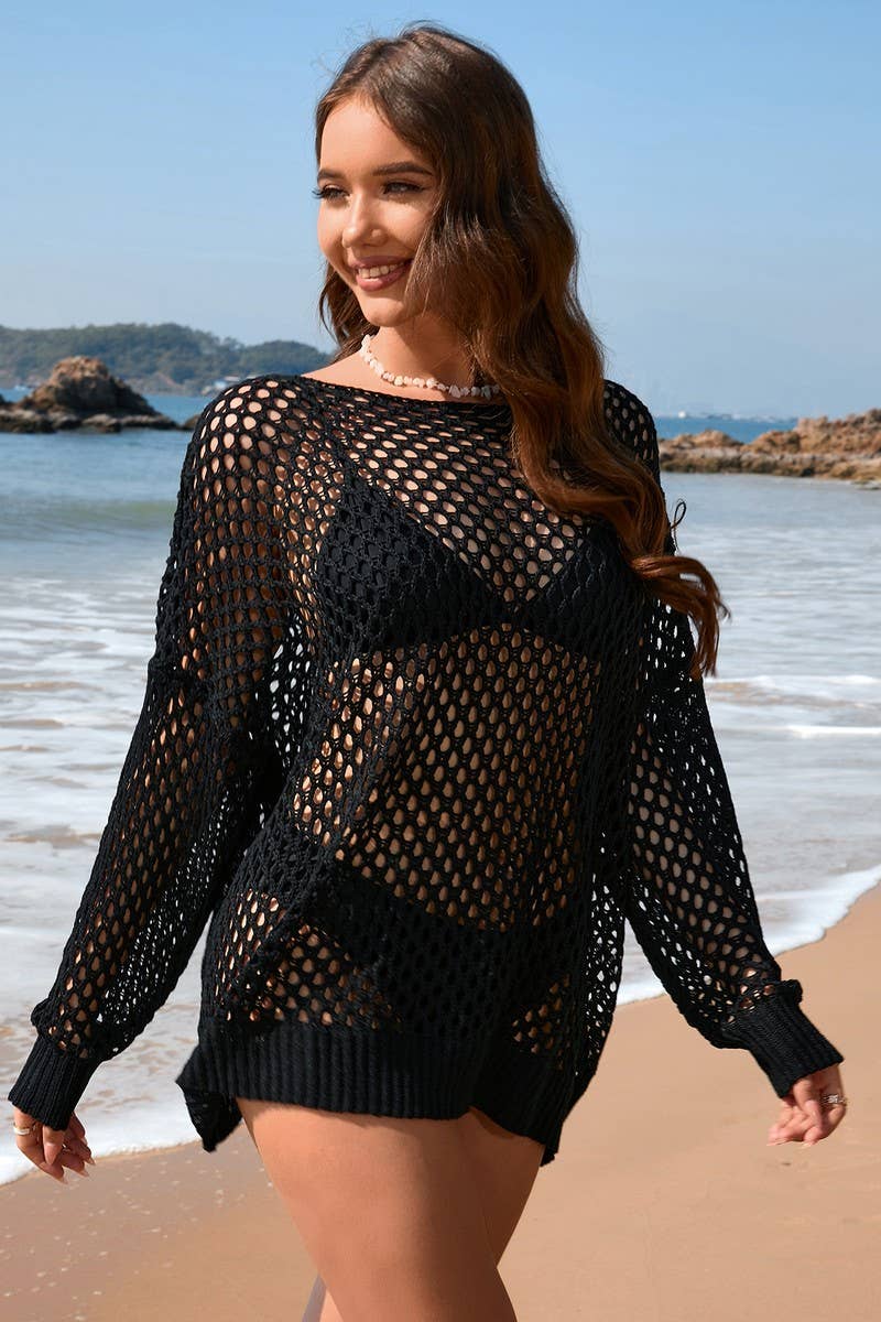 CWOSWL2076_Round Neck Long Sleeve Bikini Cover Top