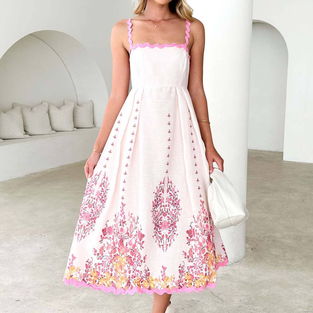 Fashion print wavy skirt sleeveless halter dress