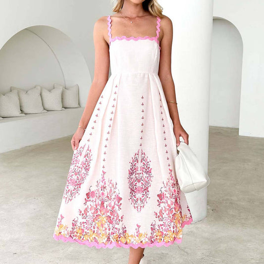 Fashion print wavy skirt sleeveless halter dress