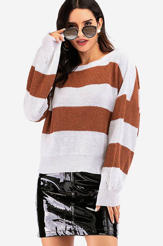 STRIPED SWEATER WITH LOOSE CREW NECK PULLOVER