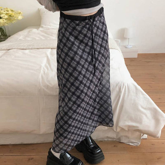White gauze plaid tall waist long skirts