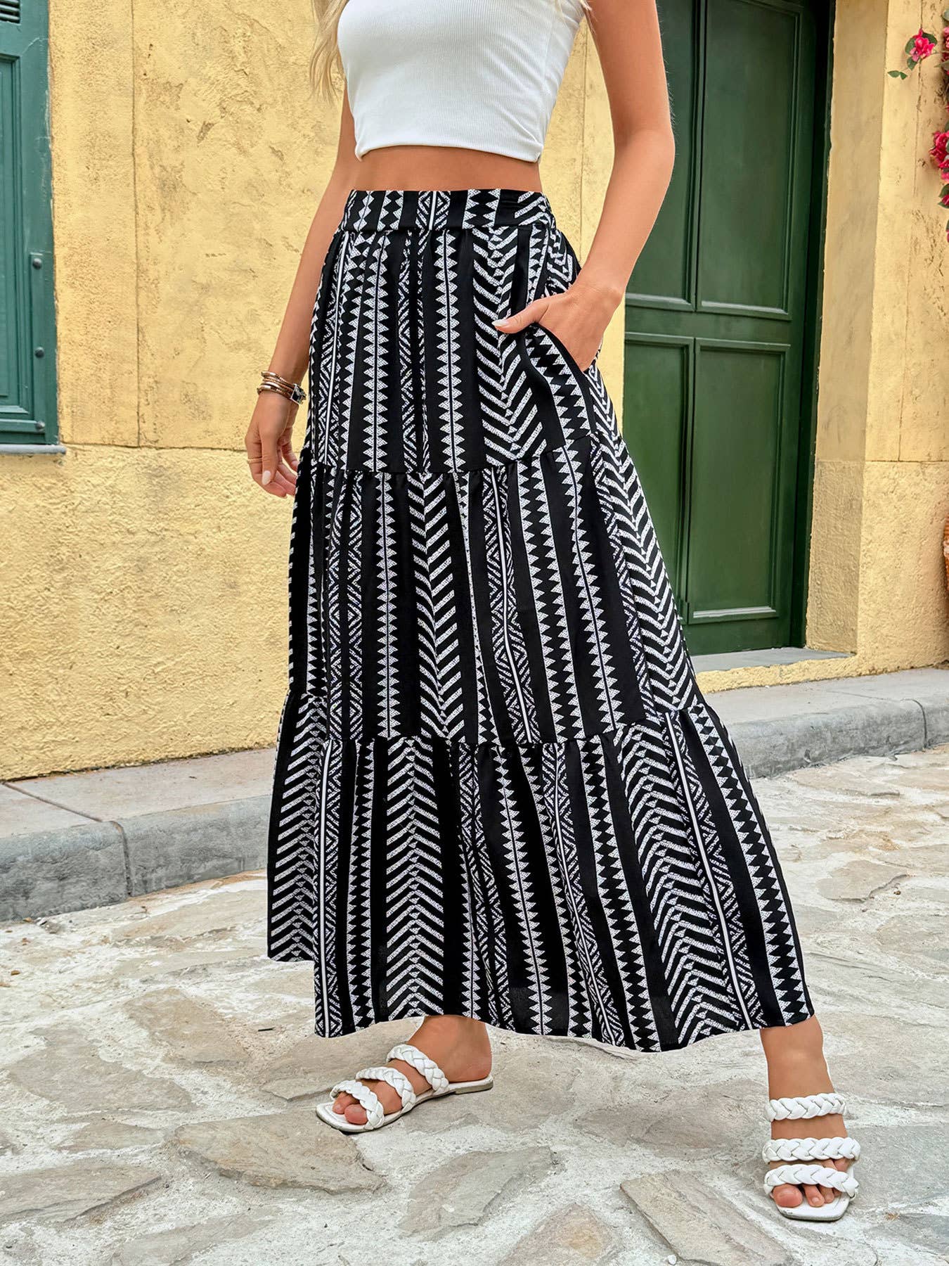 Geometric printed elastic waist patchwork skirt