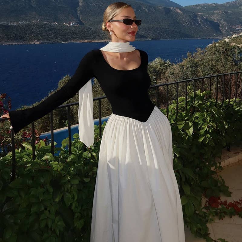 Off-the-shoulder long-sleeved patchwork dress