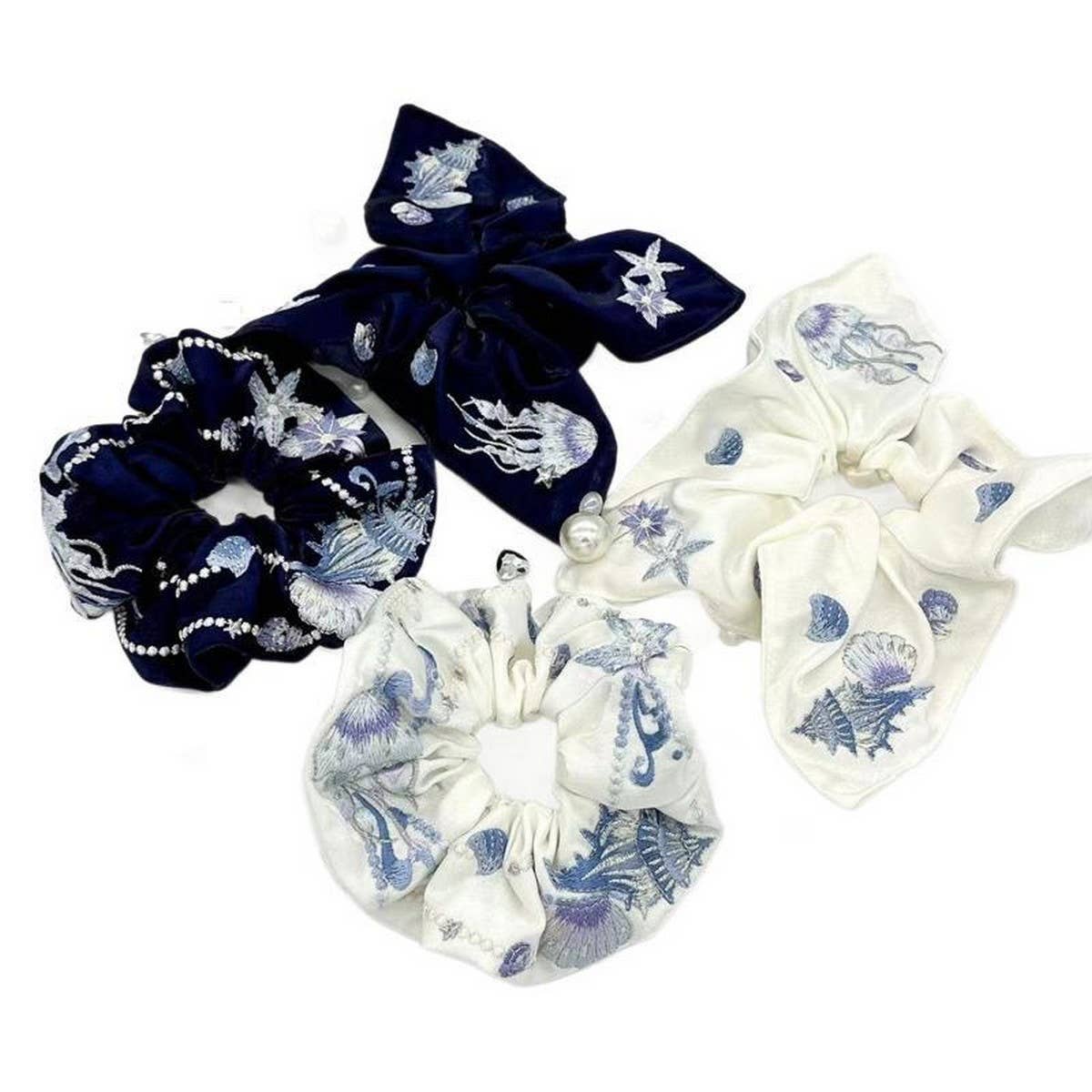 EMBROIDERED MARINE LIFE SQUARE SCARF HAIR TIE