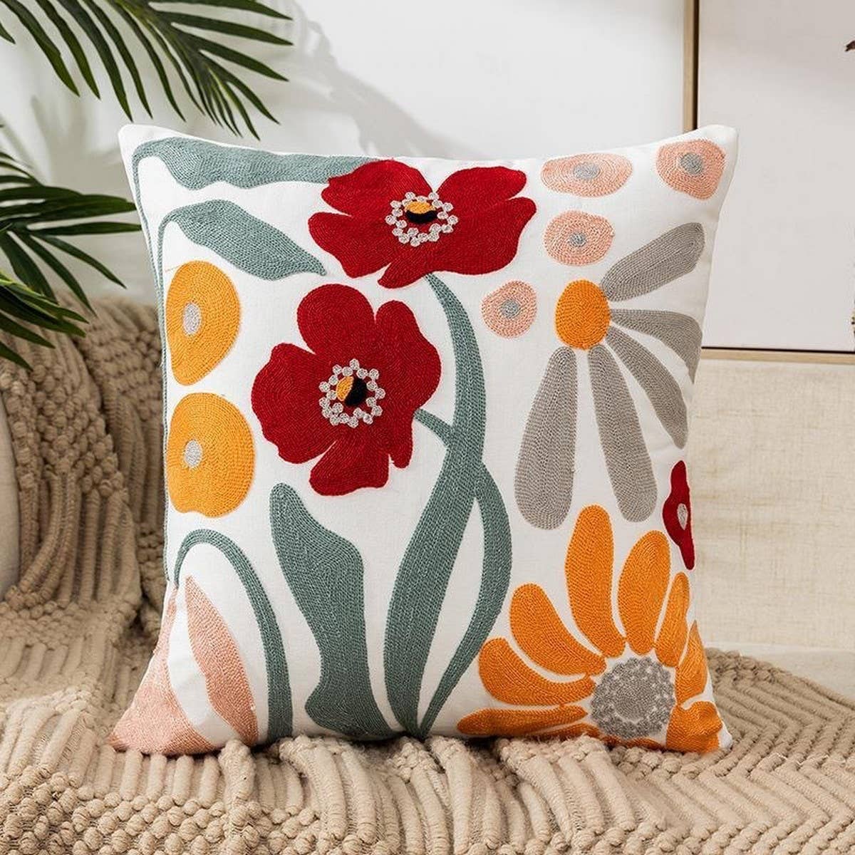 Tulip Embroidered Cute Pillow Cover for Bed & Sofa
